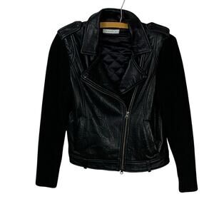 Sandro Black Lambskin Leather Moto Jacket Knit Sleeves Size S/M